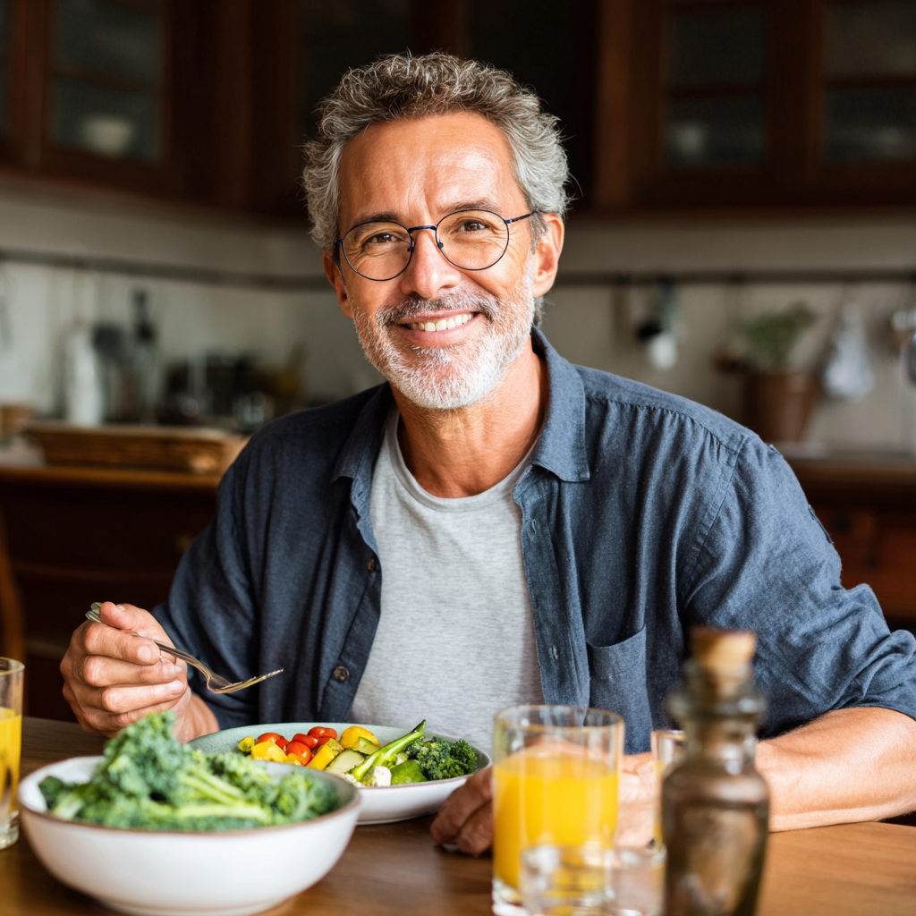 Мъж на 52 години седи на масата и се храни със здравословно ястие, усмихнат и доволен от храната