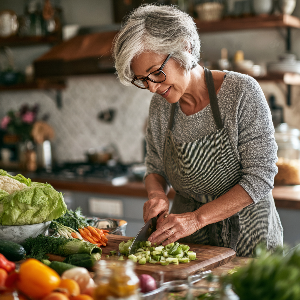 Жена на 58 години готви здравословно ястие в кухнята си, изглежда концентрирана и щастлива докато реже зеленчуци