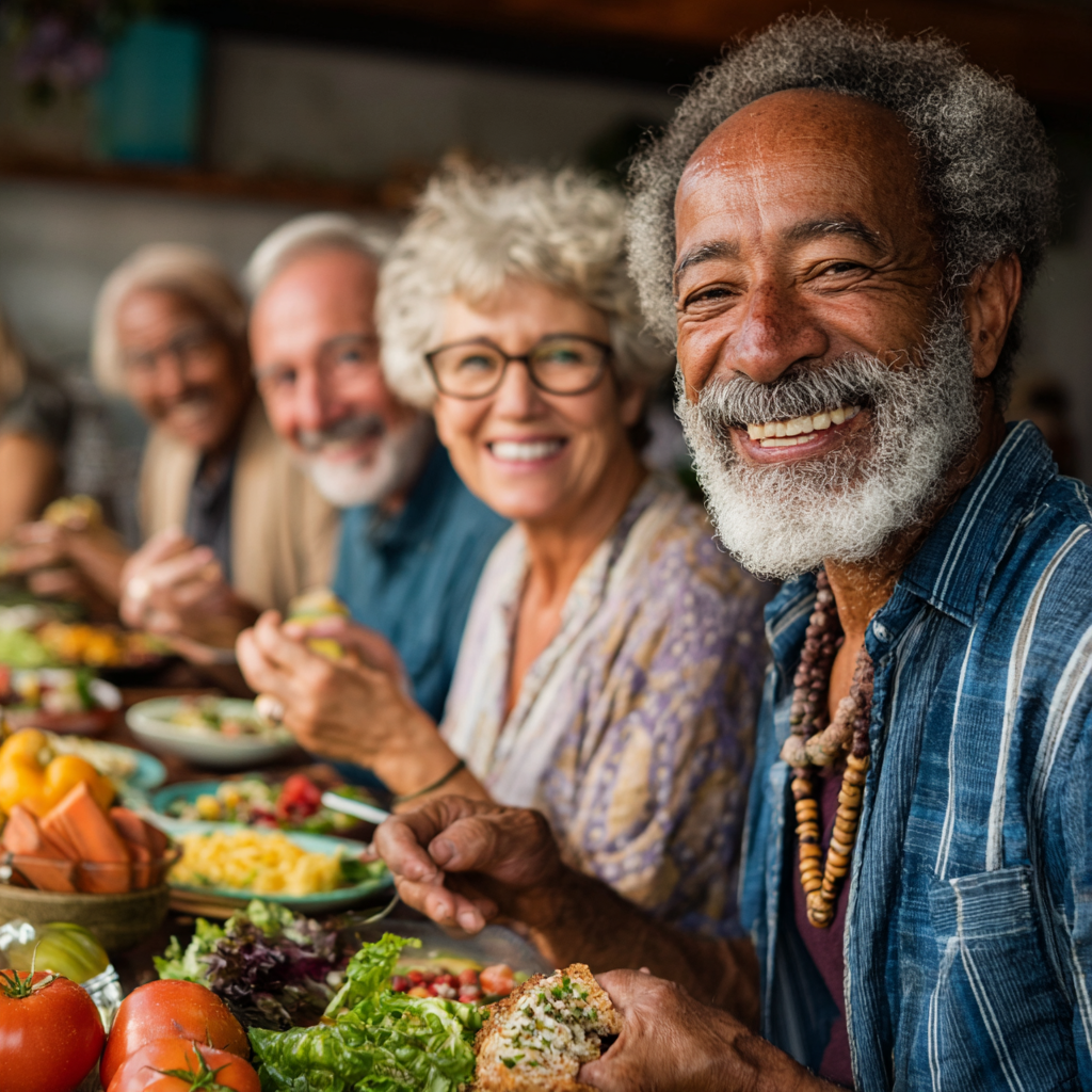 Група от хора на възраст между 50-60 години се усмихват и показват здравословни ястия, изглеждат щастливи и задоволени