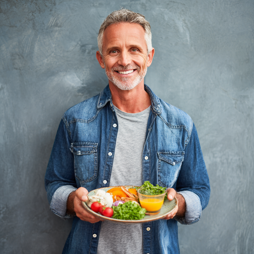 Усмихнат мъж на 55 години държи здравословна чиния с храна, изглежда доволен и енергичен